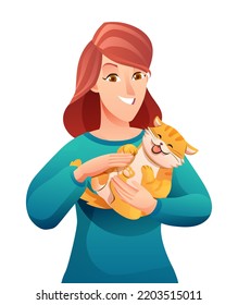 Portrait of woman with her cat cartoon character illustration