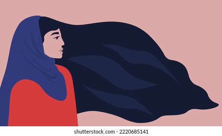 Retrato de una mujer con hijab de perfil largo y suelto. La lucha de las niñas musulmanas por sus derechos. Banner abstracto horizontal. Gráficos vectoriales.