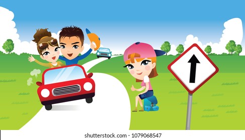 Portrait of a woman hitchhiking with a couple traveling in a car