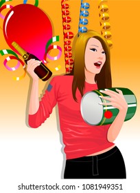 Portrait of a woman holding a champagne bottle and a can
