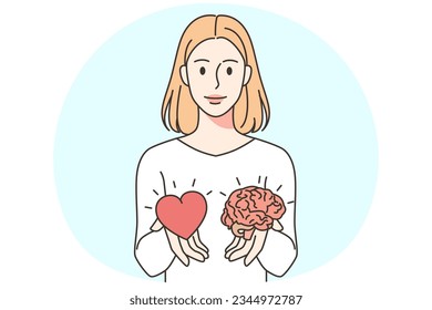 Portrait of woman holding heart and brain choosing. Female make decision between reason and emotion. Vector illustration.