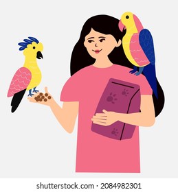 Portrait of a woman holding two parrots and parrot food. A beautiful woman is a cartoon character with an exotic bird. Love and care for pets. Colorful vector illustration in a flat cartoon style