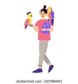 Portrait of a woman holding two parrots and parrot food. A beautiful woman is a cartoon character with an exotic bird. Love and care for pets. Colorful vector illustration in a flat cartoon style