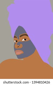 Portrait Of Woman In Home-made Spa Day, Face Mask On, Vector Illustration. Inclusive Beauty.