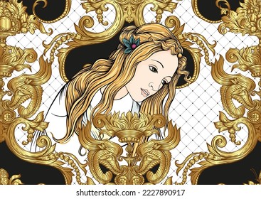 Portrait of a woman inspired by a painting by Renaissance artist Botticelli. Seamless pattern, background In baroque, rococo, victorian, renaissance style. Vector illustration
