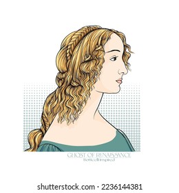 Portrait of a woman inspired by a painting by Renaissance artist Botticelli. Outline hand drawing vector illustration.