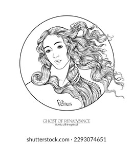 Portrait of a woman inspired by a painting by Renaissance artist Botticelli Birth of Venus. Outline hand drawing vector illustration.