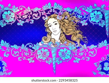 Portrait of a woman inspired by a painting by Renaissance artist Botticelli. Seamless pattern, background In baroque, rococo, victorian, renaissance style. Vector illustration