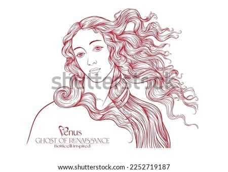 Portrait of a woman inspired by a painting by Renaissance artist Botticelli Birth of Venus. Outline hand drawing vector illustration.