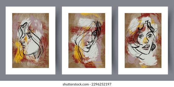 Mujer retrato frente a la imagen de arte en la pared. Paquete, conjunto. Paredes de arte para el diseño interior. Afiche de mujer mínimo abstracto que se puede imprimir. Fondo decorativo contemporáneo con cara.