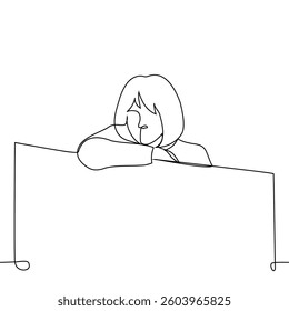 portrait of a woman leaning on a fence, his chin on her bent arm - one line art vector. concept reflection, low fence, peeping at neighbors. Handmade vector not AI