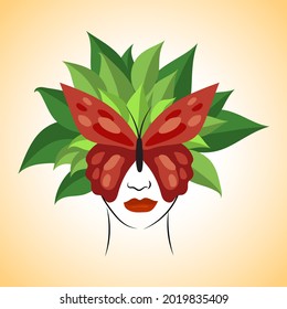 Portrait of a woman with leaves and a butterfly. Nature symbol of cosmetics. Fashion print. Beauty saloon logo.