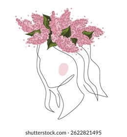 Portrait of woman in lilac flowers wreath. Continuous line drawing design element. Vector isolated illustration.
