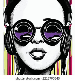 portrait of a woman listening to music, whearing headphones, line art in pop art style, colored ready to be used in any cover, poster, packaging or product