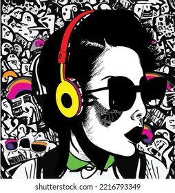 portrait of a woman listening to music, whearing headphones, line art in pop art style, colored ready to be used in any cover, poster, packaging or product