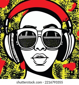 portrait of a woman listening to music, whearing headphones, line art in pop art style, colored ready to be used in any cover, poster, packaging or product