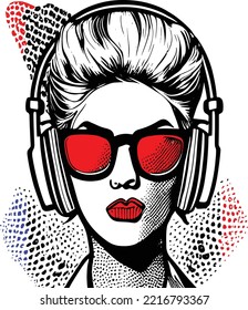 portrait of a woman listening to music, whearing headphones, line art in pop art style, colored ready to be used in any cover, poster, packaging or product