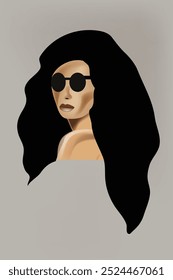 Um retrato de uma mulher com cabelo preto longo é apresentado.