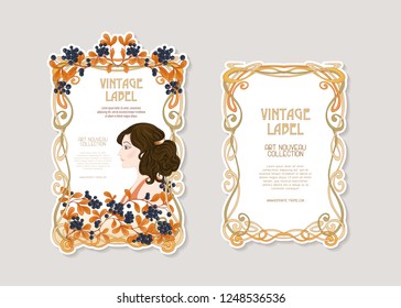 Portrait of a woman with long hair in floral frame in old, retro, art nouveau style. Colored vector illustration. In vintage beige and orange colors. Good for product label.