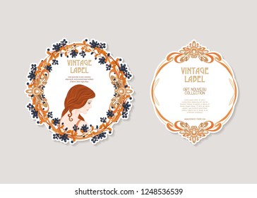 Portrait of a woman with long hair in floral frame in old, retro, art nouveau style. Colored vector illustration. In vintage beige and orange colors. Good for product label.