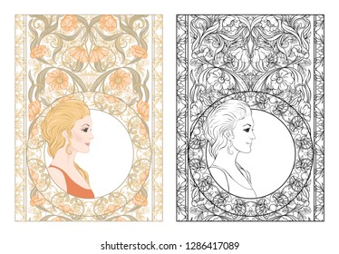 Portrait of a woman with long hair in floral frame in old, retro, art nouveau style. Colored and outline design. Vector illustration. Coloring page for the adult coloring book with colored sample 