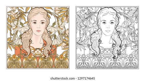 Portrait of a woman with long hair in floral frame in old, retro, art nouveau style. Colored and outline design. Vector illustration. Coloring page for the adult coloring book with colored sample 