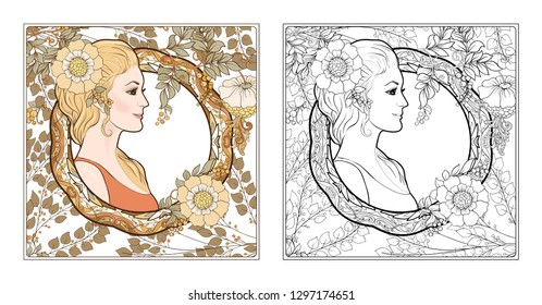 Portrait of a woman with long hair in floral frame in old, retro, art nouveau style. Colored and outline design. Vector illustration. Coloring page for the adult coloring book with colored sample 