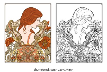 Portrait of a woman with long hair in floral frame in old, retro, art nouveau style. Colored and outline design. Vector illustration. Coloring page for the adult coloring book with colored sample 