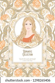 Portrait of a woman with long hair in floral frame in old, retro, art nouveau style. Colored vector illustration. In vintage beige and orange colors. Good for product label.