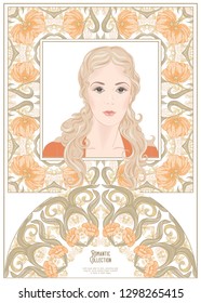 Portrait of a woman with long hair in floral frame in old, retro, art nouveau style. Colored vector illustration. In vintage beige and orange colors. Good for product label.