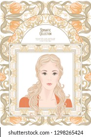 Portrait of a woman with long hair in floral frame in old, retro, art nouveau style. Colored vector illustration. In vintage beige and orange colors. Good for product label.
