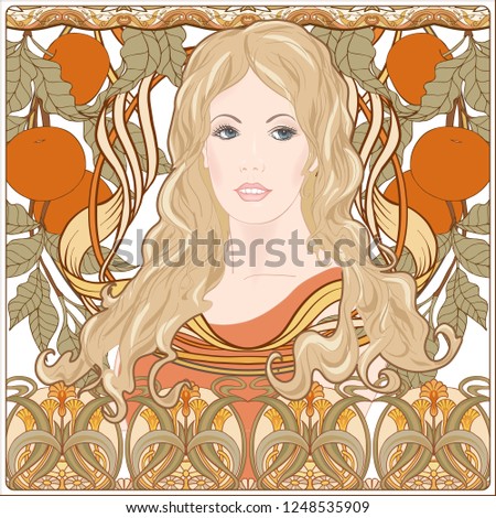 Portrait of a woman with long hair in floral frame in old, retro, art nouveau style. Colored vector illustration. In vintage beige and orange colors.