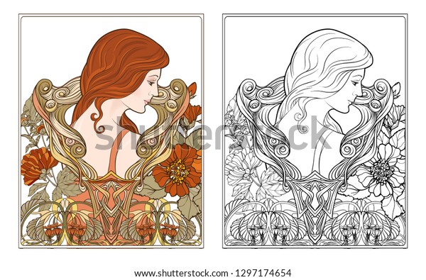 古い レトロな アールヌーボー様式の花柄の長い髪の女性のポートレート 色と輪郭のデザイン ベクターイラスト 着色見本付き大人用塗り絵本の塗り絵 のベクター画像素材 ロイヤリティフリー