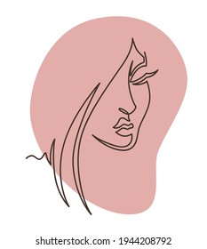 Portrait of woman with long hair, isolated female character face, continuous line art. Minimalist profile of young girl. Elegance and fashion, stylish and feminine lady. Vector in flat style