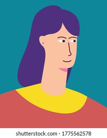 Portrait of a woman with long hair and neck. Looking to the right.
Avatar. Vector Flat Illustration.