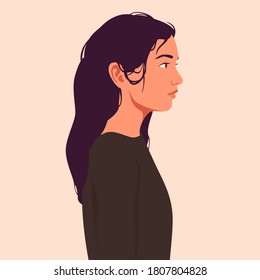 Portrait of a woman with long hair in profile. Avatar for social networks. Colorful vector illustration in flat cartoon style.