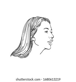 Portrait of woman with long hair talking with someone, Hand drawn illustration, Vector sketch