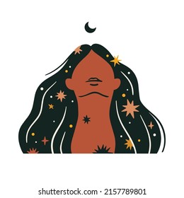 Portrait of a woman looking up to the moon with stars in her hair. Witch and celestial concept hand drawn vector illustration.