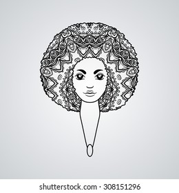 Portrait of a woman with luxuriant hair in the style of an African. Vector. The patterns in the hair.