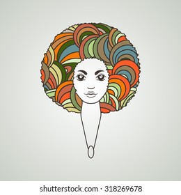 Portrait of a woman with luxuriant hair in the style of an African. Vector. The patterns in the hair.