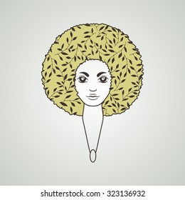 Portrait of a woman with luxuriant hair in the style of an African. Vector. The patterns in the hair.