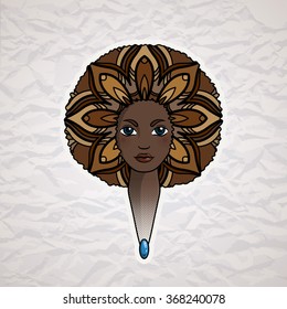 Portrait of a woman with luxuriant hair in the style of an African. Vector. The patterns in the hair. 