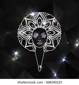 Portrait of a woman with luxuriant hair in the style of an African. Vector. The patterns in the hair. Brilliant background.