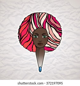 Portrait of a woman with luxuriant hair in the style of an African. Vector. The patterns in the hair. 