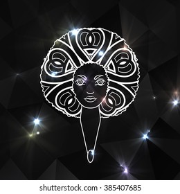 Portrait of a woman with luxuriant hair in the style of an African. Vector. The patterns in the hair. Brilliant background.