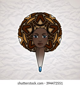 Portrait of a woman with luxuriant hair in the style of an African. Vector. The patterns in the hair. 