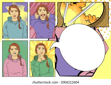 Portrait of a woman making grimace, bares her teeth, thinking, sticking out tongue. Caucasian funny girl. Comic book style vector illustration.
