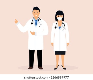 Portrait of a woman and a man doctor. A group of doctors. Woman doctor with a stethoscope. General practitioner in medical uniform, coat. Smiling therapist, general practitioner. Flat vector illustrat