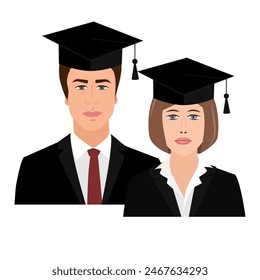 Retrato de una mujer y un hombre en un vestido de graduado aislado sobre fondo blanco. Ilustración vectorial