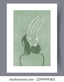 Portrait woman mask hare wall art print. Contemporary decorative background with hare. Printable minimal abstract woman poster. Wall artwork for interior design.